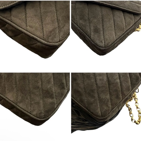 RARE Vintage CHANEL Chevron V-Line Fringe Bijou Chain Shoulder Bag – Brown Suede - Picture 10 of 14